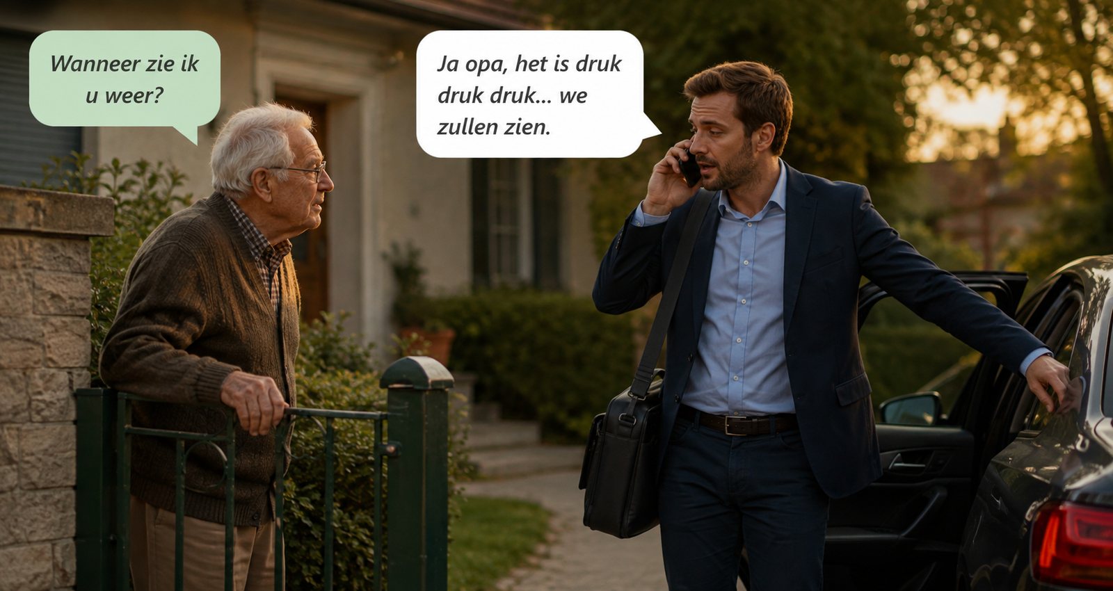 Een oudere man leunt op zijn tuinhekje en vraagt: wanneer zie ik u weer? Zijn zoon staat al bij de auto, met de telefoon aan zijn oor, en antwoordt: ja opa, het is druk druk druk, we zullen zien.